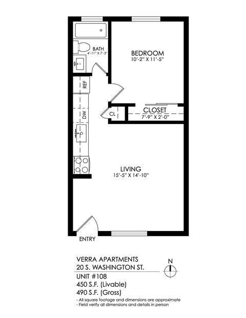 Floor plan for 1 bed, 1 bath, 510 sqft